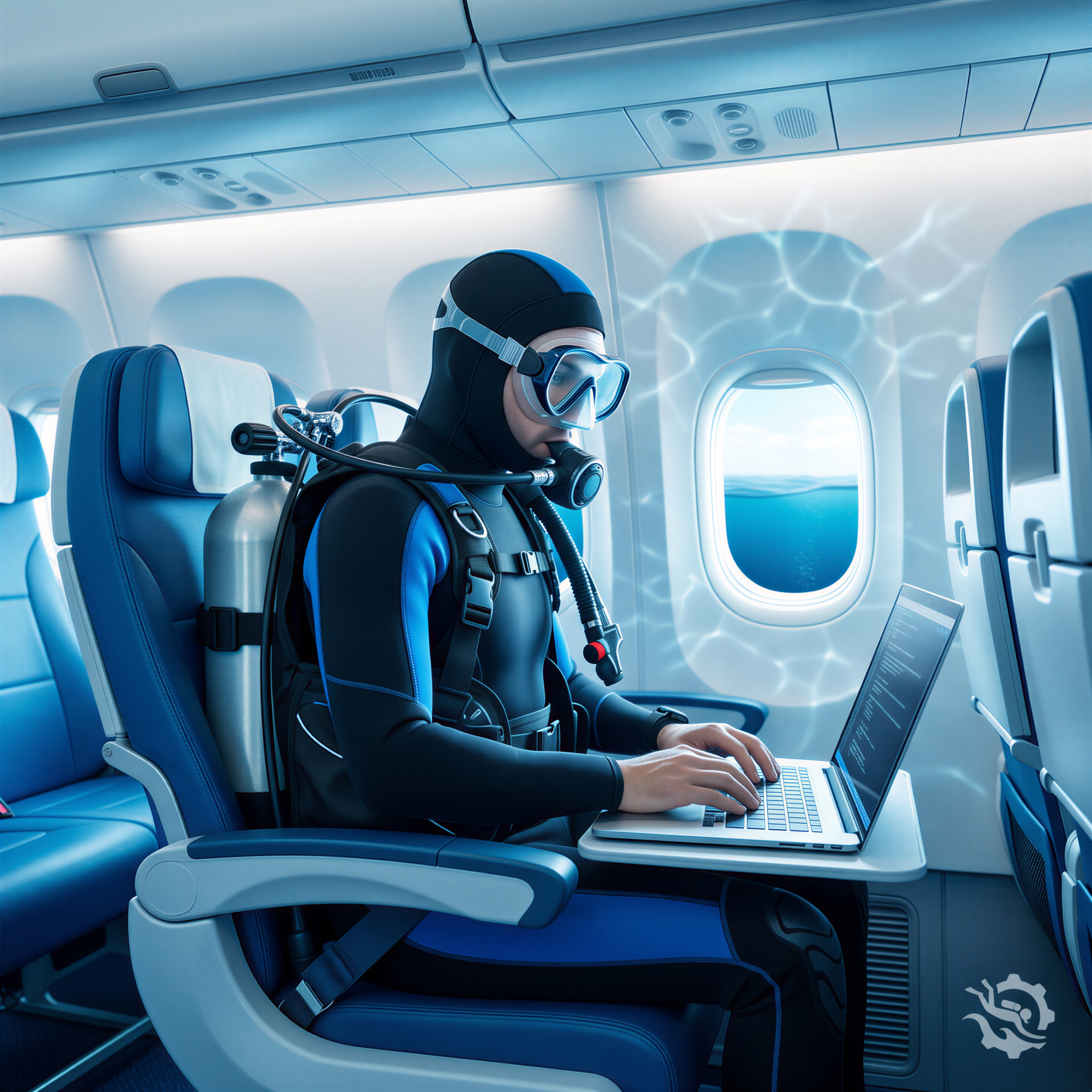 A scuba diver in full gear typing on a laptop while seated on an airplane, with an ocean view through the window